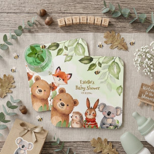 Grünes Waldland Süße Tiere Baby-Party Rechteckiger Pappuntersetzer