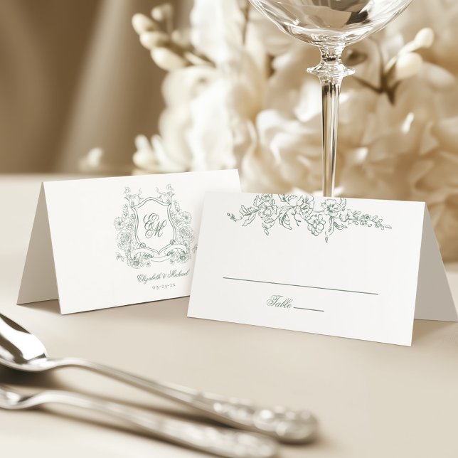 Grünes Wappen Mongram Elegante Hochzeit Platzkarte (Von Creator hochgeladen)