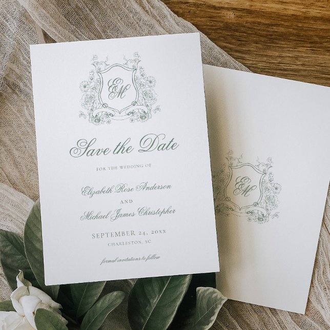 Grünes Wappen Mongram Elegante Hochzeit Save The Date (Von Creator hochgeladen)