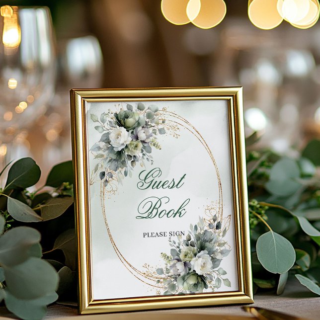 Grünes Wasserfarben-Gästebuch-Tischschild Poster (Greenery Watercolor Guest Book Tabletop Sign)