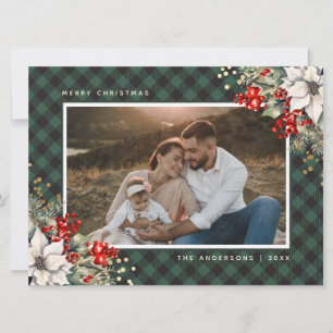 Grünes Wasserfarben-Weihnachtsstern-Stechpalmen-Fo Feiertagskarte