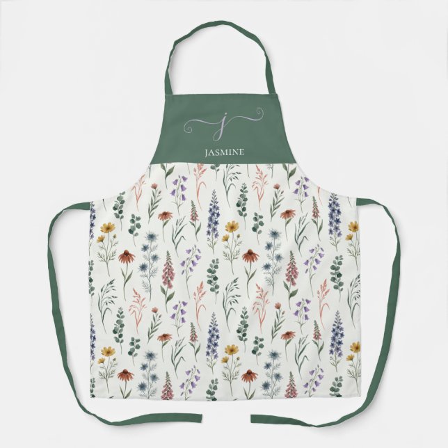 Grünes Wasserfarben-Wildblumen-Boho-Monogramm-Name Schürze (Vorderseite)