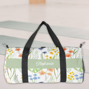 Grünes Watercolor-Wildblumen-Monogramm-Name Duffle Bag