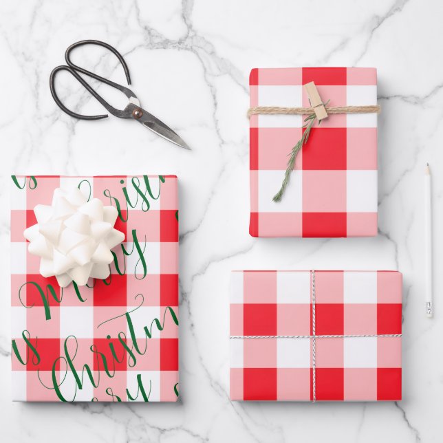 Grünes Weihnachten Rotes Karo  Geschenkpapier Set (Vorderseite)