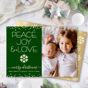 Grünes Weihnachtsfoto Frieden Freude Liebe Echtes Folien Feiertagskarte