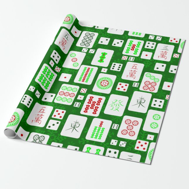 Grünes Weihnachtsmahjong chinesisches Fliesenspiel Geschenkpapier (Ungerollt)