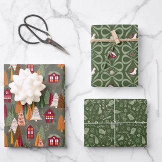Grünes Weihnachtswald-Dorf-Vögel-Häuser Geschenkpapier Set
