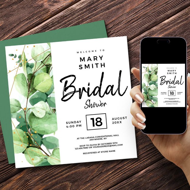 Grünes Weiß-elegantes botanisches Brautparty Einladung (Green Elegant Watercolor Eucalyptus Bridal Shower Invitation, Bridal Shower Invitation)