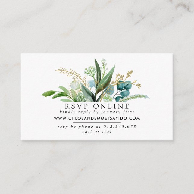 Grünes Weiß und Gold Botanische Hochzeit RSVP Begleitkarte (Vorderseite)