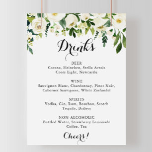 Grünes Weißes Florales Hochzeitsgetränke-Menü-Schi Poster