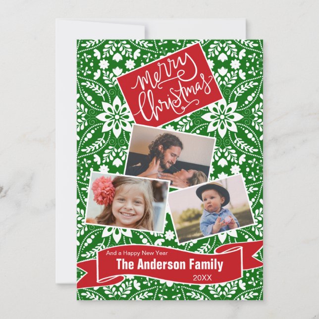 Grünes, weißes Folkloremuster Feiertagskarte (Vorderseite)