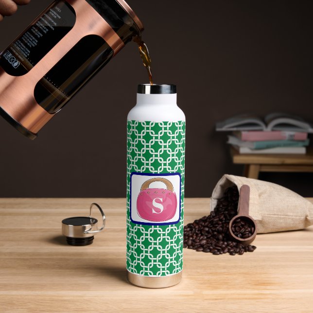 Grünes weißes Link Muster Rosa Bermuda Beutel Puru Trinkflasche (Kaffee)