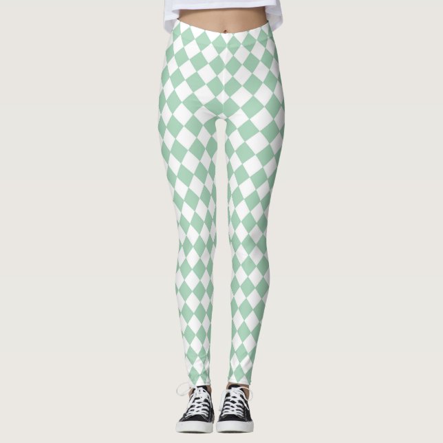 Grünes weißes Schachbrett Diamantmuster Leggings (Vorderseite)
