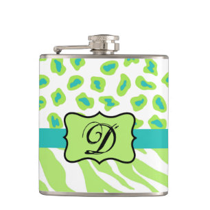 Grünes weißes Zebra-Leopard-Monogramm Flachmann