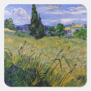 Grünes Weizenfeld mit Cypress von Van Gogh. Quadratischer Aufkleber