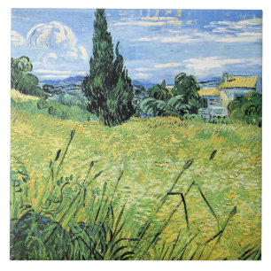 Grünes Weizenfeld mit Zypresse, Fliese