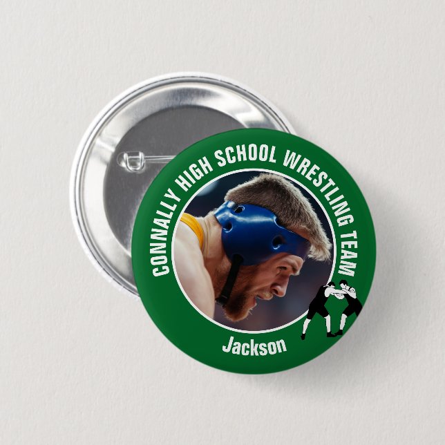 Grünes Wrestling-Team-Foto High School Wrestler Button (Vorne & Hinten)