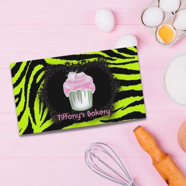 grünes Zebradruckgebäck Pink Cupcake Visitenkarte (Lime green zebra print bakery Pink Cupcake Business Card)