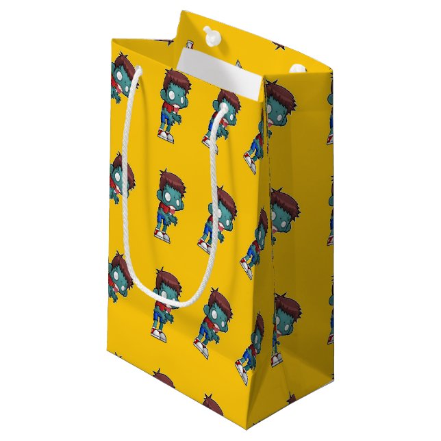 Grünes Zombie-Kind in Orange Kleine Geschenktüte (Vorderseite Schrägansicht)