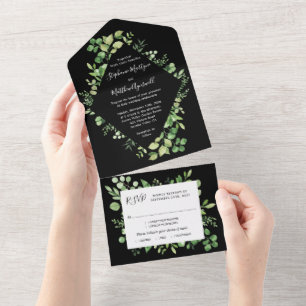 Grünfoliage-Blätter Botanische Hochzeit Schwarz All In One Einladung