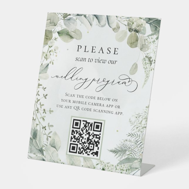 Grünfoliage Botanischer QR-Code Hochzeitsprogramm Sockelschild (Vorderseite)