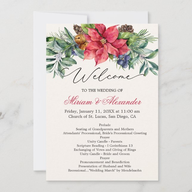 Grünfoliage Poinsettia Hochzeitsprogramm Einladung (Vorderseite)