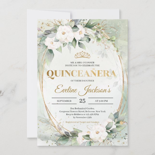 Grünfolien Goldtiara Krone Quinceañera Einladung (Vorderseite)