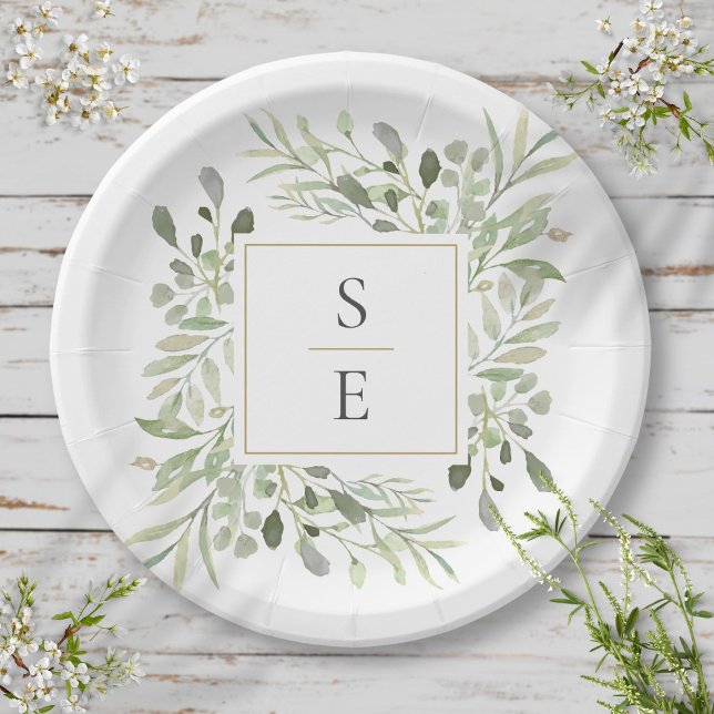 Grünfolien-Monogramm-Hochzeit Pappteller (Greenery Foliage Monogram Initials Wedding Paper Plates)