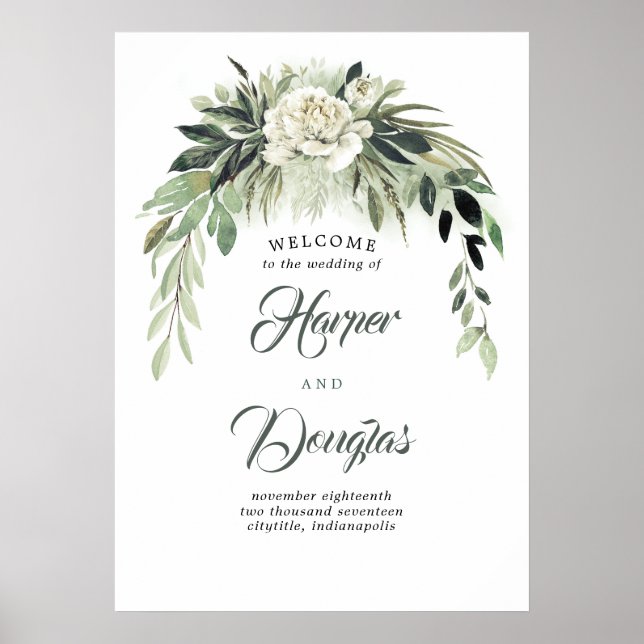 Grüngarland Botanische Hochzeit Begrüßungszeichen Poster (Vorne)