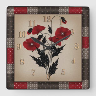Grunge altmodige Retro-Vintage-Mohn rote Blumen Fl Quadratische Wanduhr
