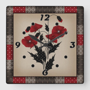Grunge altmodische Retro Vintage Mohnblumen rote B Quadratische Wanduhr