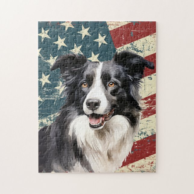 Grunge American Flag Border Collie Dog Puzzle (Vertikal)