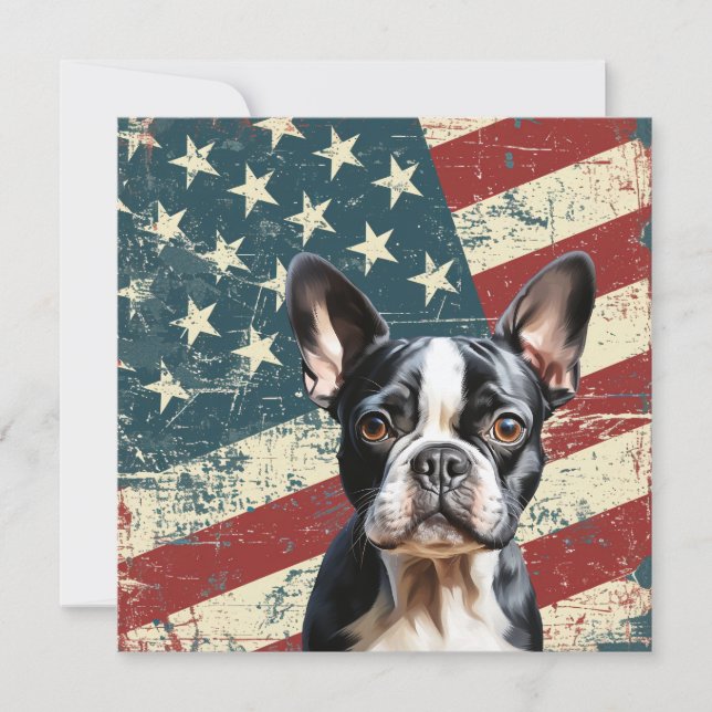 Grunge American Flag Boston Terrier Dog Flat Card (Vorderseite)