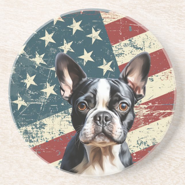 Grunge American Flag Boston Terrier Dog Getränkeuntersetzer (Vorne)