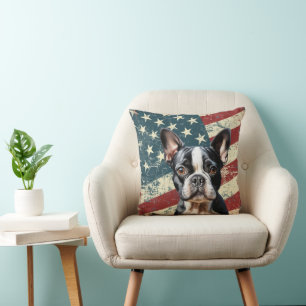 Grunge American Flag Boston Terrier Dog Kissen