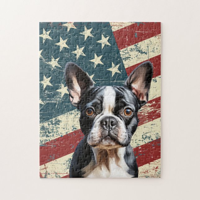 Grunge American Flag Boston Terrier Dog Puzzle (Vertikal)