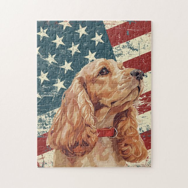 Grunge American Flag Cocker Spaniel Dog Puzzle (Vertikal)