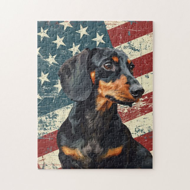 Grunge American Flag Dachshund Dog Puzzle (Vertikal)