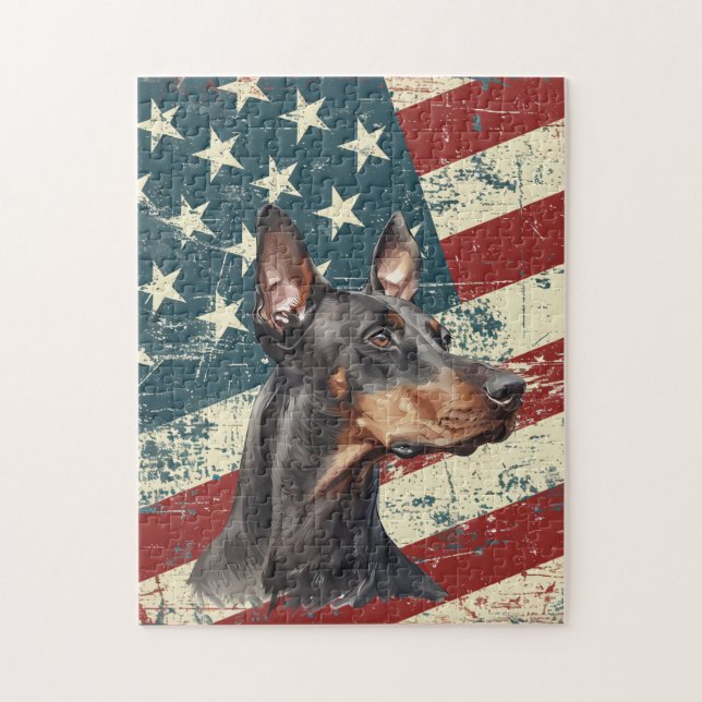 Grunge American Flag Doberman Pinscher Dog Puzzle (Vertikal)