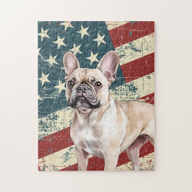 Grunge American Flag Fawn Tan French Bulldog Puzzle (Vertikal)