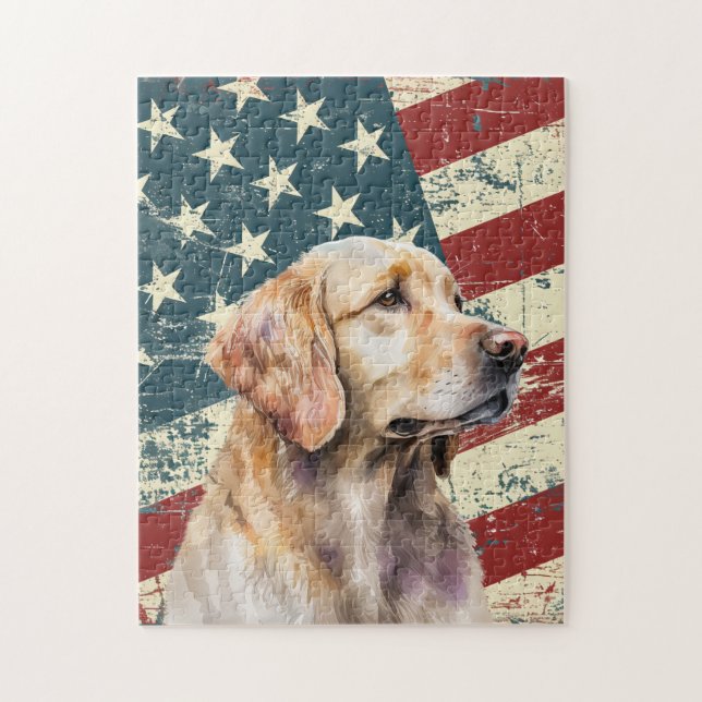Grunge American Flag Golden Retriever Dog Puzzle (Vertikal)