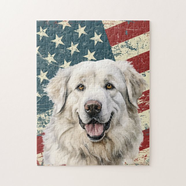 Grunge American Flag Great Pyrenees Dog Puzzle (Vertikal)