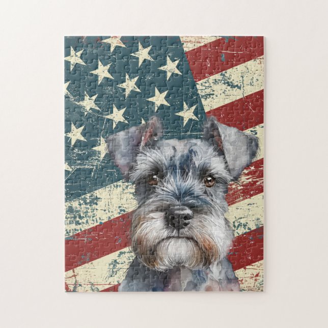 Grunge American Flag Miniature Schnauzer Dog Puzzle (Vertikal)