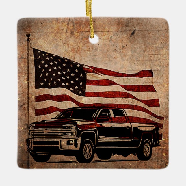 Grunge American Flag und Black Truck Patriotic Keramikornament (Vorderseite)