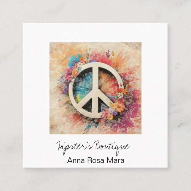 *~* Grunge AP57 Boho QR Peace Symbol Floral Quadratische Visitenkarte (Vorderseite)