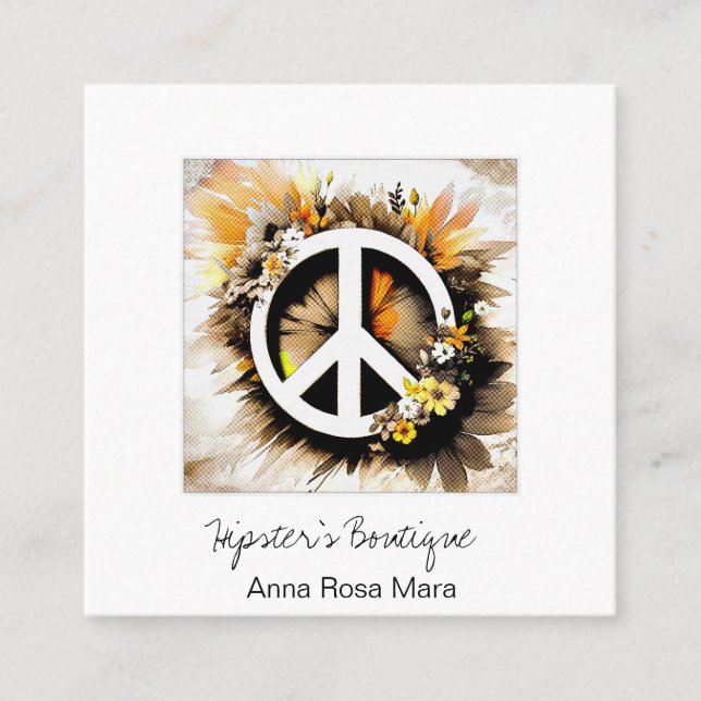 *~* Grunge AP57 QR Peace Symbol Floral Boho AP57 Quadratische Visitenkarte (Vorderseite)