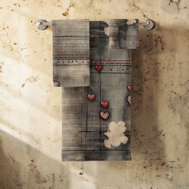 Grunge Black and Cream with Red Hearts Badhandtuch Set (Von Creator hochgeladen)