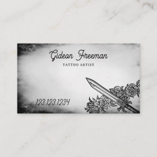 Grunge Black & White Floral Schwert Tattoo Artist Visitenkarte