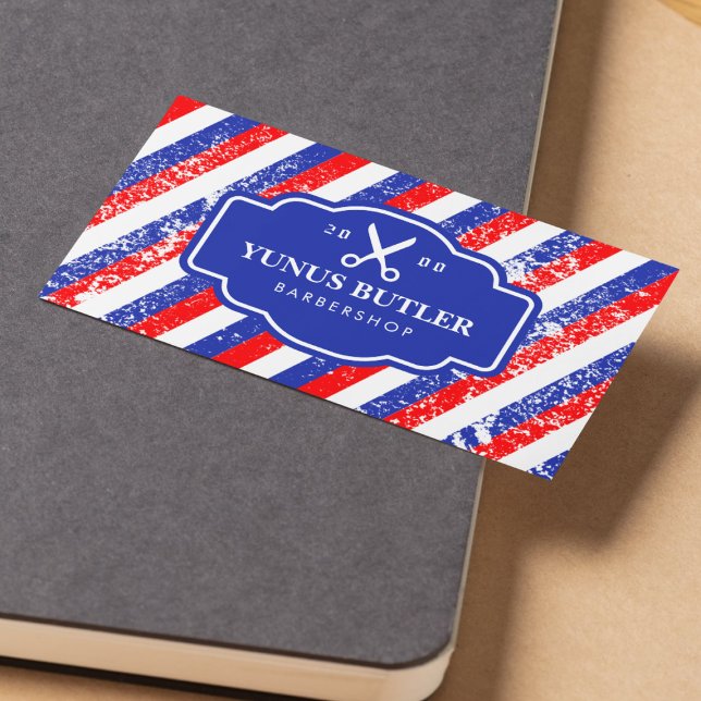 Grunge Blue & Red Stripes Schere Barbershop Visitenkarte (Von Creator hochgeladen)
