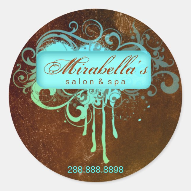Grunge Blumenaufkleber Salon Wellness-Center blau  Runder Aufkleber (Vorderseite)